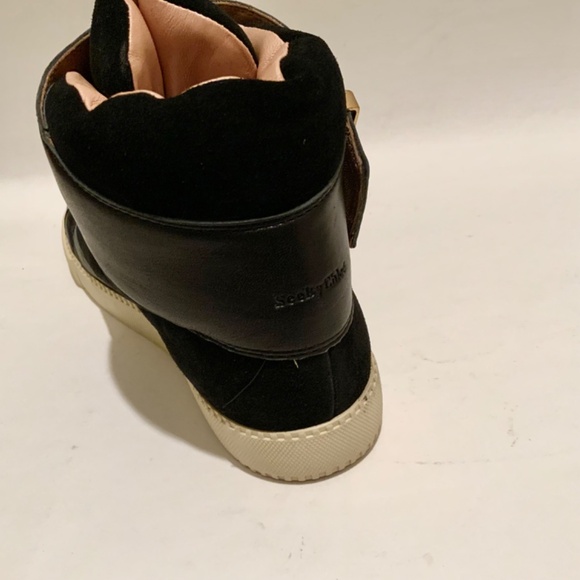 SEE BY CHLOE Shoes Sami Black Nappa Leather High Top Ankle Sneaker with Buckle - Picture 6 of 11